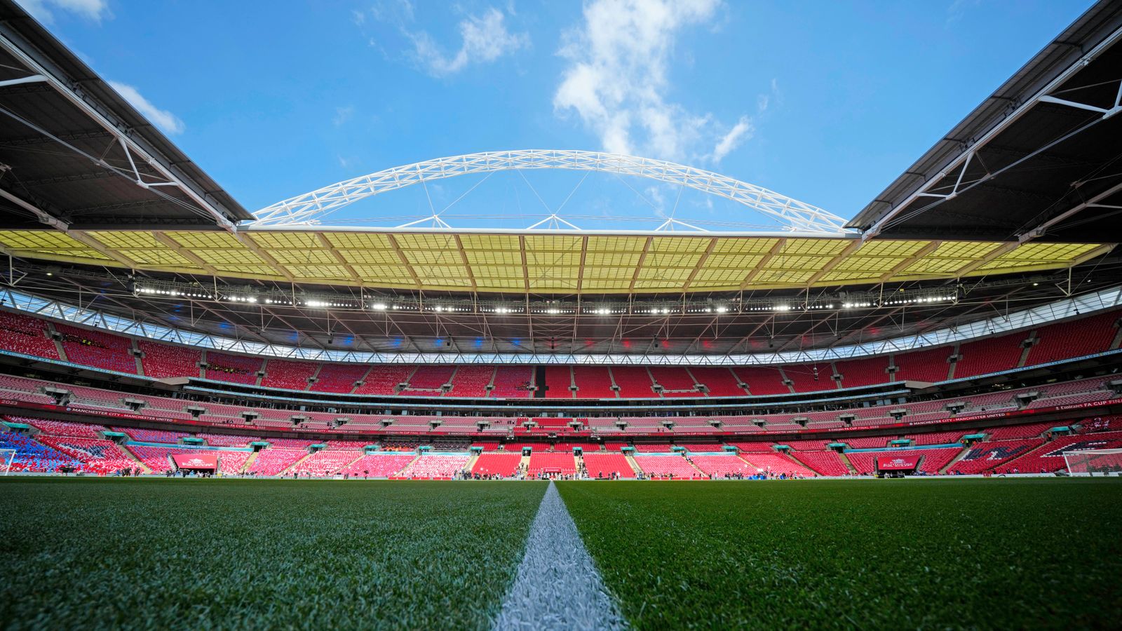 View at the lawn of Wembley Stadium before the English FA Cup final soccer match between Manchester City and Manchester United at Wembley Stadium in London, Saturday, June 3, 2023.