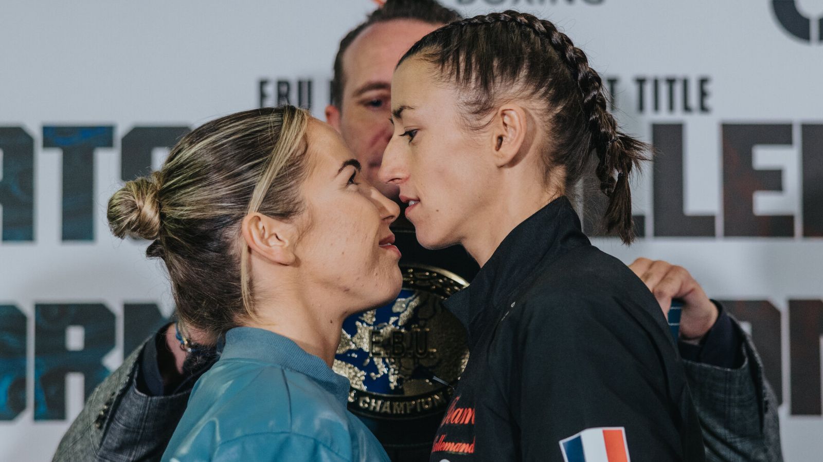 Chloe Watson faces off with Justine Lallemand  ahead of the European flyweight title fight (Photos: Wasserman Boxing)