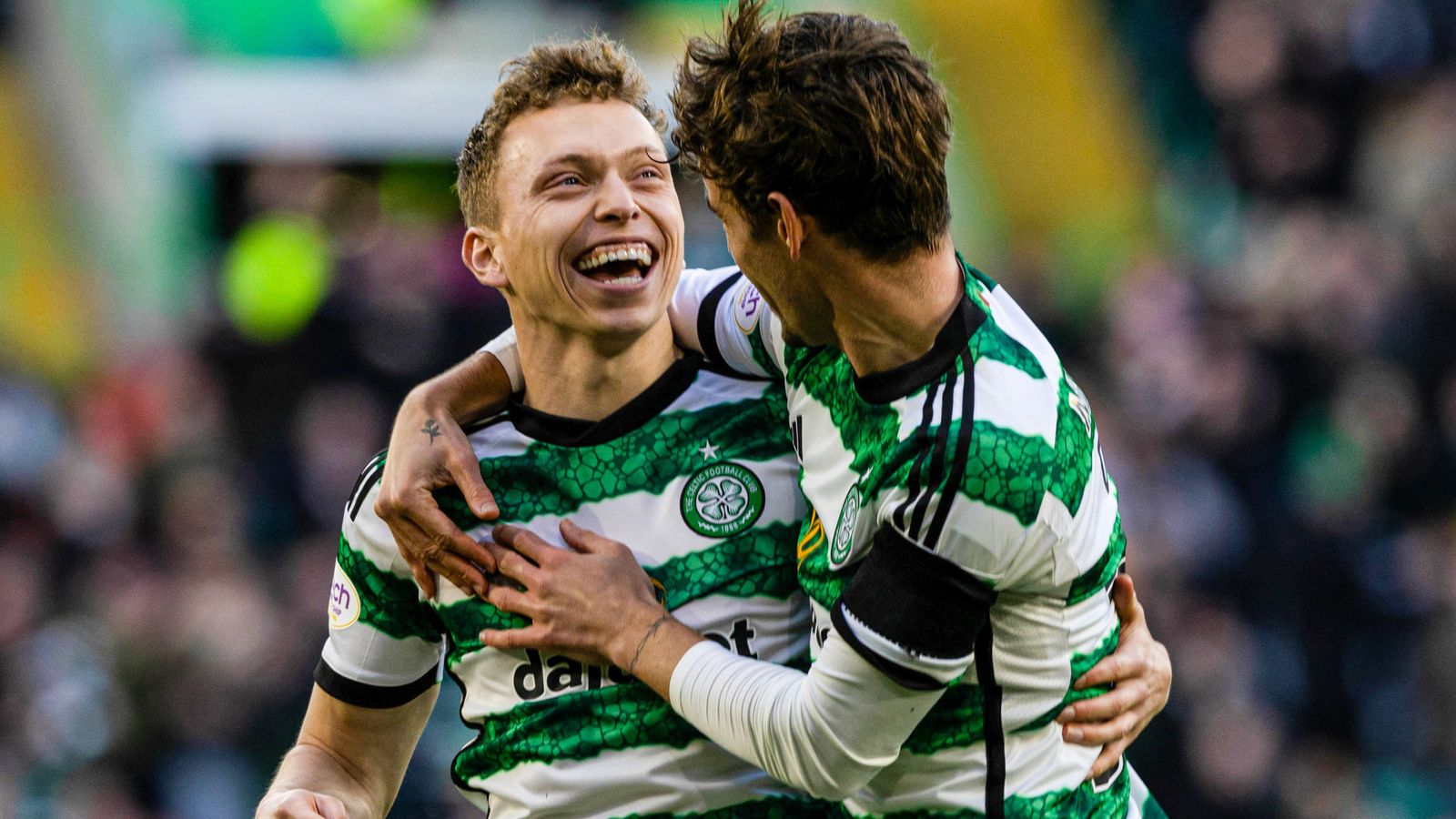 Celtic's Alistair Johnston celebrates as he scores to make it 1-0
