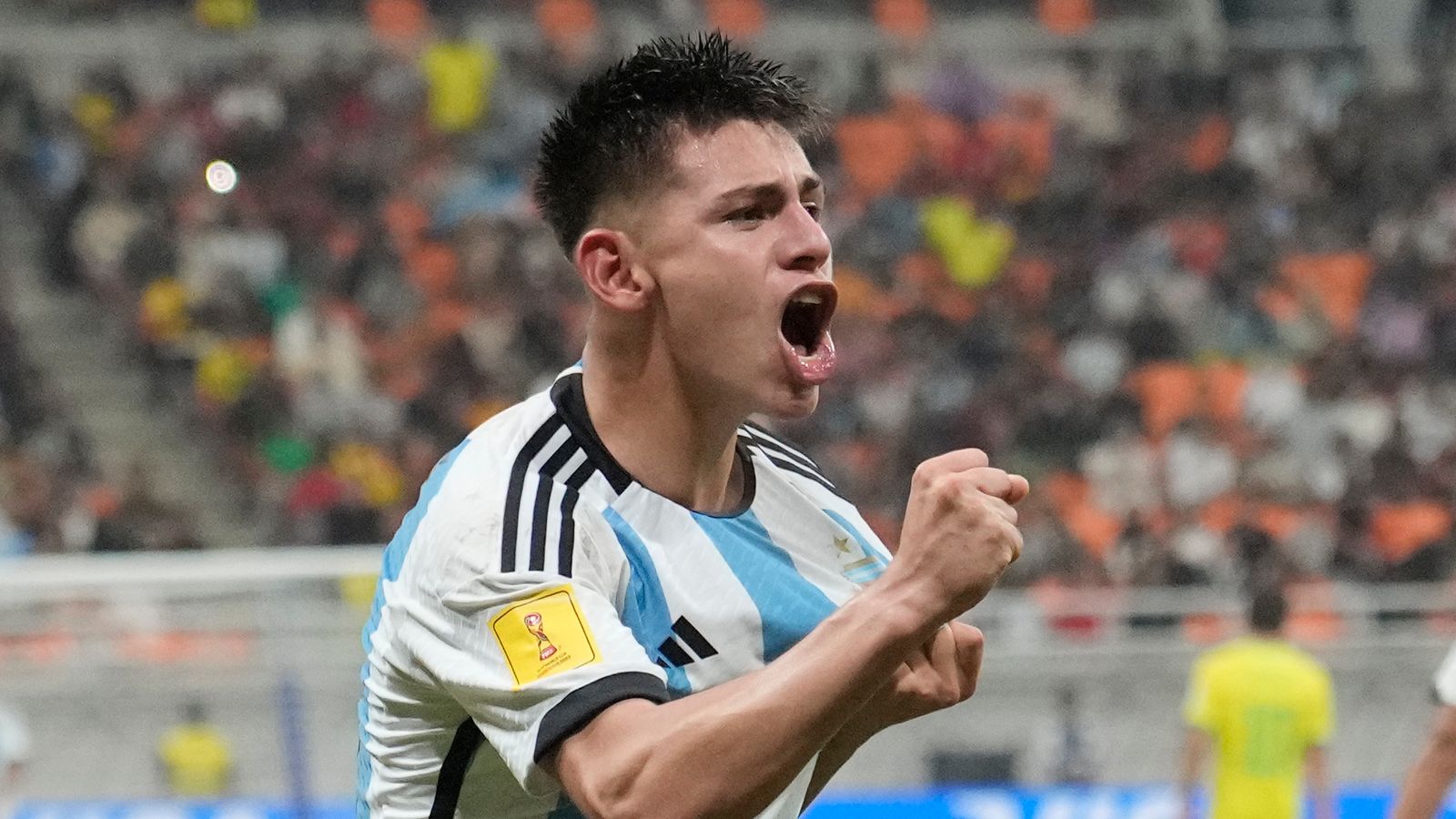 Argentina's Claudio Echeverri celebrates after scoring the second goal for his team during their FIFA U-17 World Cup quarterfinal soccer match against Brazil