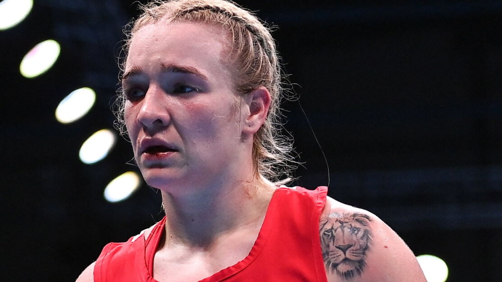 Nowy Targ , Poland - 28 June 2023; Amy Broadhurst of Ireland after her defeat against Rosie Joy Eccles of Great Britain after their Women's 66kg quarter final bout at the Nowy Targ Arena during the European Games 2023 in Krakow, Poland. (Photo By David Fitzgerald/Sportsfile via Getty Images)